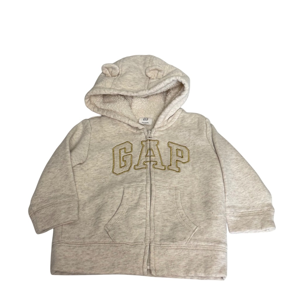 Baby Gap Oatmeal Heather Sherpa Lined Bear Ear Zip Hoodie 6-12 Months Logo